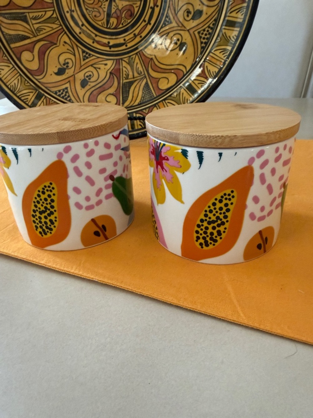 Ceramic Storage Jar with Bamboo Lid - Yellow & Red Leaf Design - Picture 13 of 13